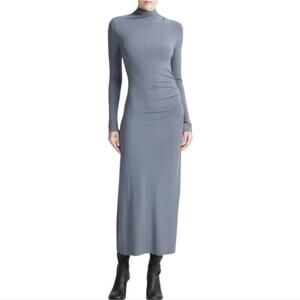 NEW Vince Pacific Azure Long Sleeve Jersey Knit Ruched Turtleneck Midi Dress